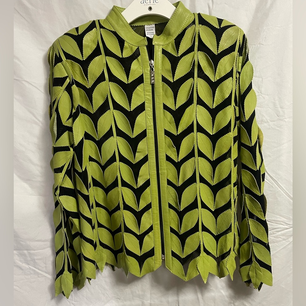 Women’s Leather Leaf Black Mesh Zipper Front Jacket Blazer Size L EUC
